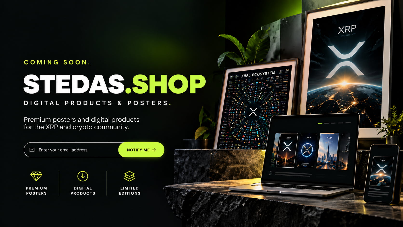 Framed XRP and XRPL posters with a laptop and smartphone displaying crypto-themed products